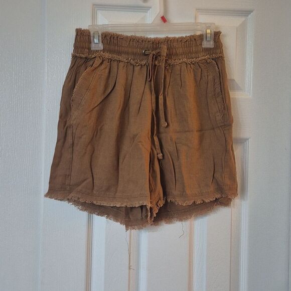Zenana Brown Tan Drawstring Elastic Waist Linen Blend Raw Hem Pants Size M - Picture 5 of 8